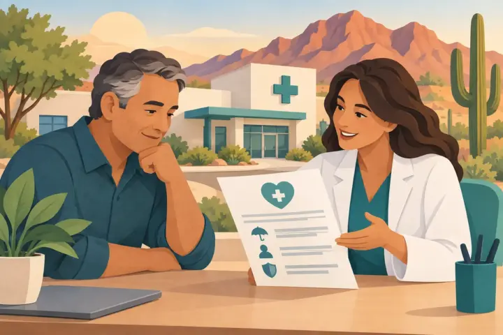 Illustration of an adult reviewing health coverage with a navigator in an Arizona setting.