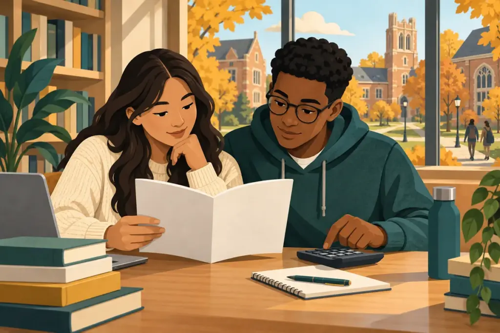 Illustration of two college students comparing health coverage on a Connecticut campus.