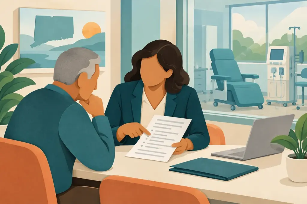 Illustration of a patient and counselor reviewing dialysis billing beside a treatment room.