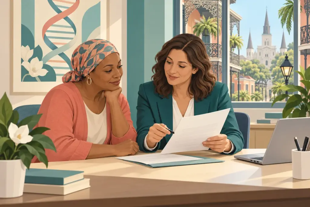 Illustration of a patient discussing precision medicine financial assistance in New Orleans.