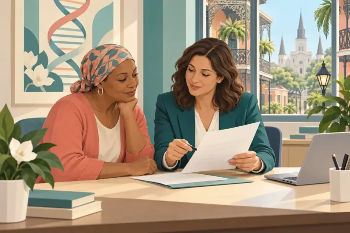 Illustration of a patient discussing precision medicine financial assistance in New Orleans.