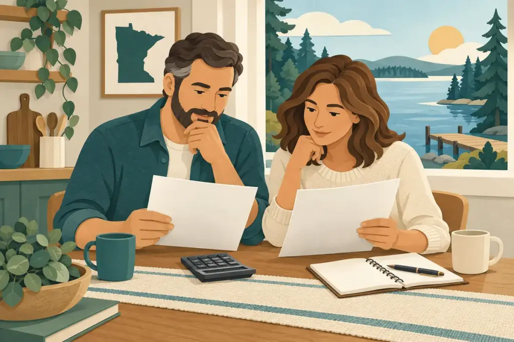 Illustration of a Minnesota couple comparing health insurance costs at a kitchen table.