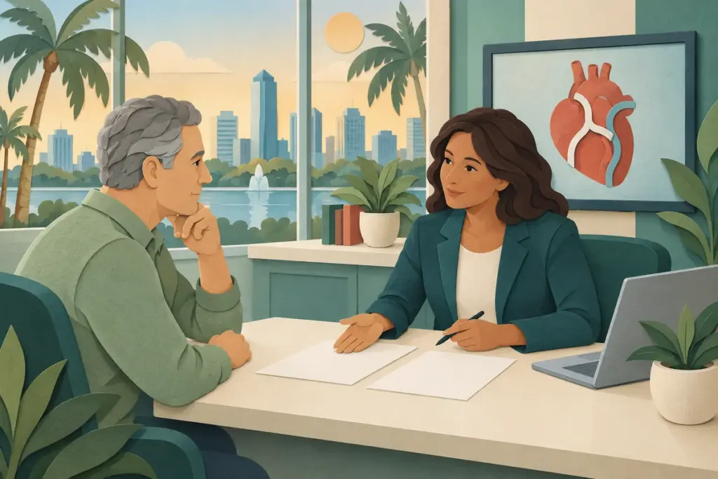 An adult reviews bypass surgery estimates with a counselor in an Orlando-inspired office.