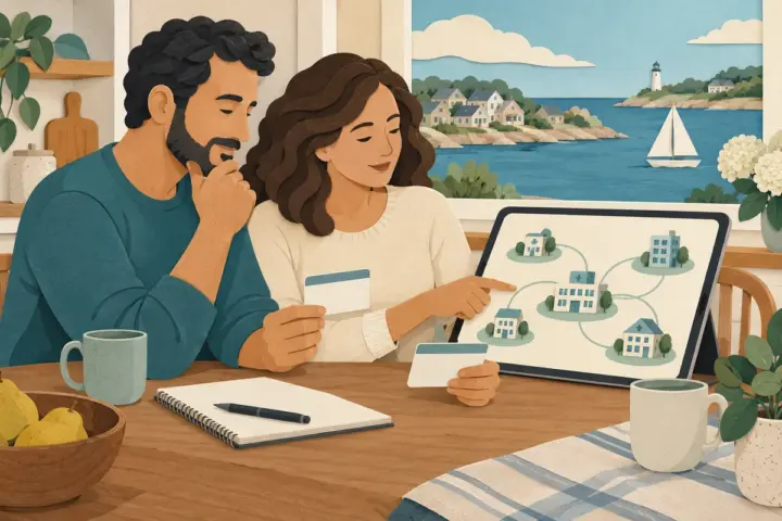 A couple reviews an illustrated provider network at a table overlooking a Rhode Island coastal scene.