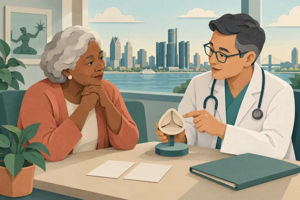 A patient and clinician discuss a conceptual heart valve model in a Detroit-inspired consultation room.