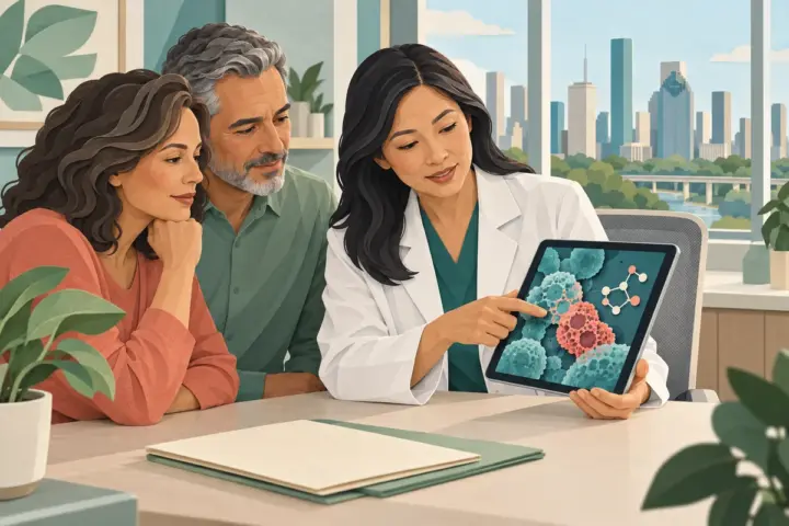 A patient and companion discuss conceptual cancer biomarker illustrations with an oncologist in Houston.
