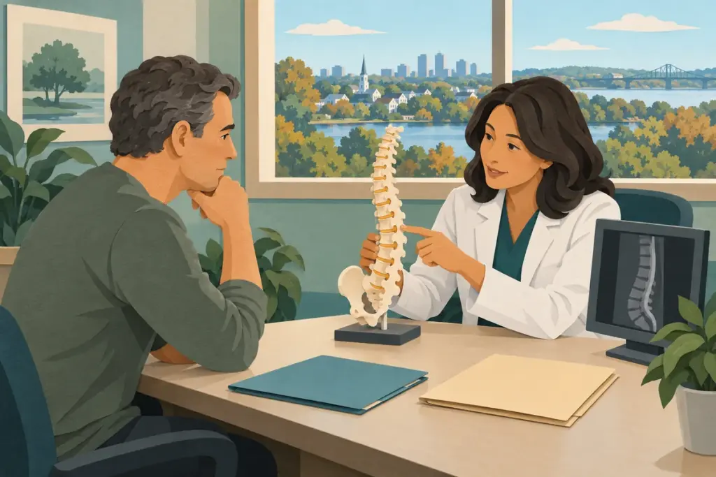 A patient and specialist review a conceptual spine model in a New Jersey-inspired office.