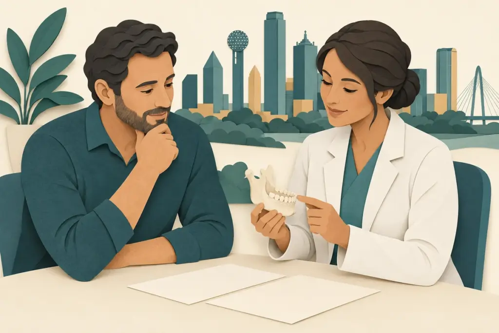 Paper-cut illustration of a Dallas patient and clinician discussing a jaw model and treatment planning.