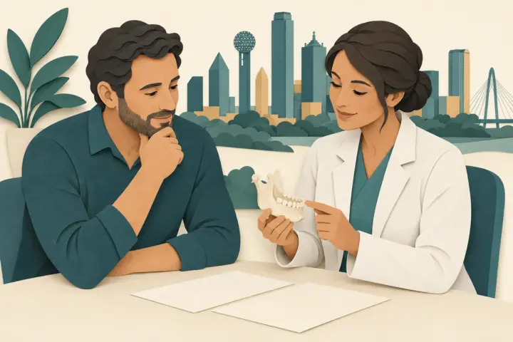 Paper-cut illustration of a Dallas patient and clinician discussing a jaw model and treatment planning.