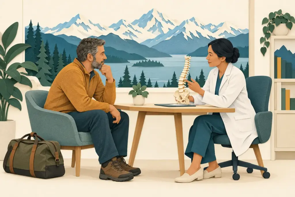 Paper-cut illustration of an Alaska patient discussing spine care with a clinician beside a mountain view.