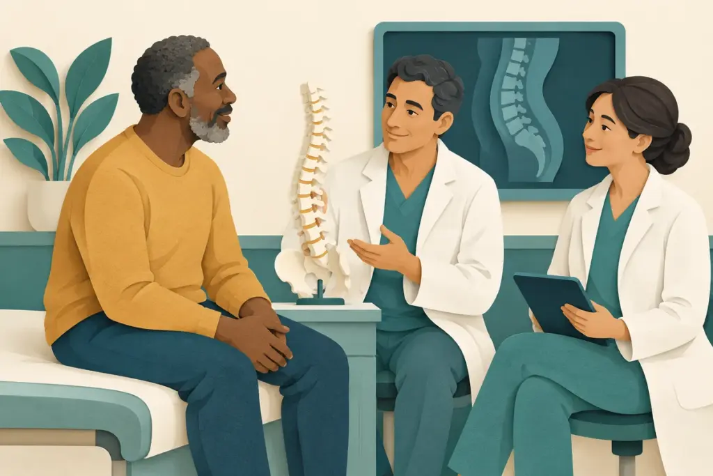 Paper-cut illustration of a patient and two clinicians discussing interventional spine care with a spine model.