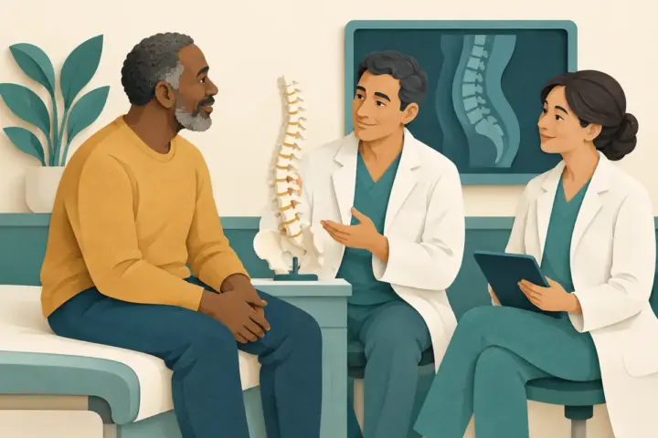 Paper-cut illustration of a patient and two clinicians discussing interventional spine care with a spine model.