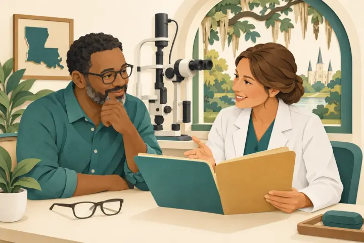 Paper-cut illustration of a Louisiana patient and eye clinician reviewing separate coverage folders beside eye-exam equipment.