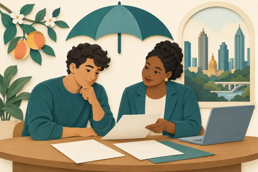 Paper-cut illustration of a Georgia adult and counselor reviewing coverage papers under a symbolic protective umbrella.