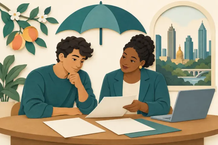 Paper-cut illustration of a Georgia adult and counselor reviewing coverage papers under a symbolic protective umbrella.