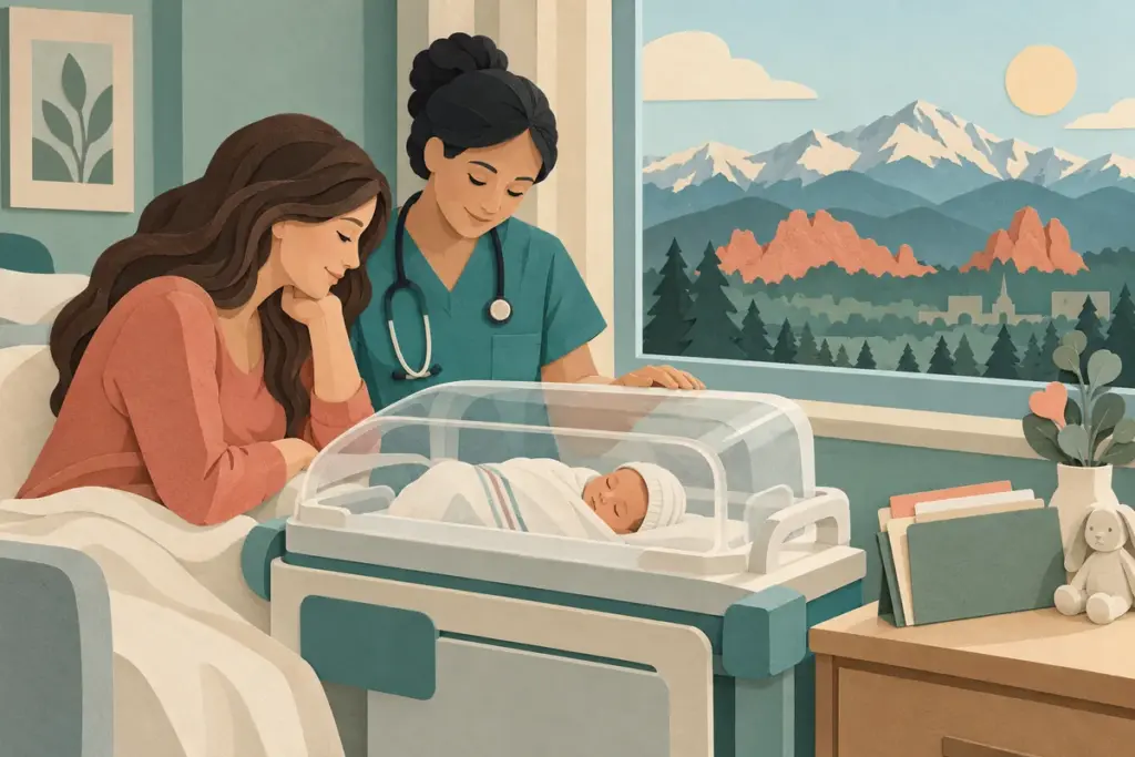 Paper-cut illustration of a parent and neonatal nurse beside an infant bassinet with Colorado mountains outside.
