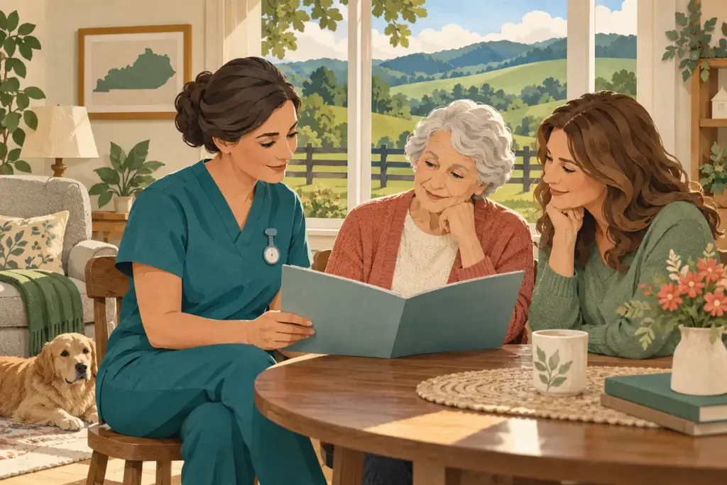 Paper-cut illustration of a home-care nurse reviewing a care folder with an older adult and family member in Kentucky.