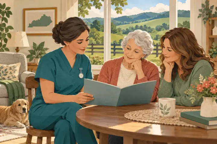 Paper-cut illustration of a home-care nurse reviewing a care folder with an older adult and family member in Kentucky.