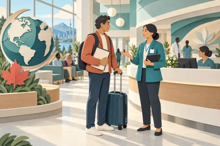 Paper-cut illustration of an international patient with luggage speaking to a care coordinator in a Canadian hospital.