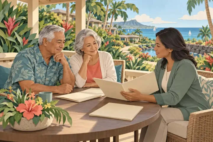 Paper-cut illustration of an older couple reviewing retirement care plans with an adviser on a Hawaiian lanai.