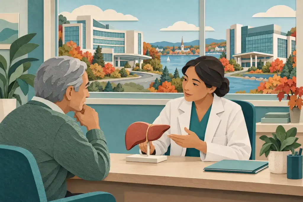 Paper-cut illustration of a patient and liver specialist discussing an anatomical model with Northeast hospital buildings outside.