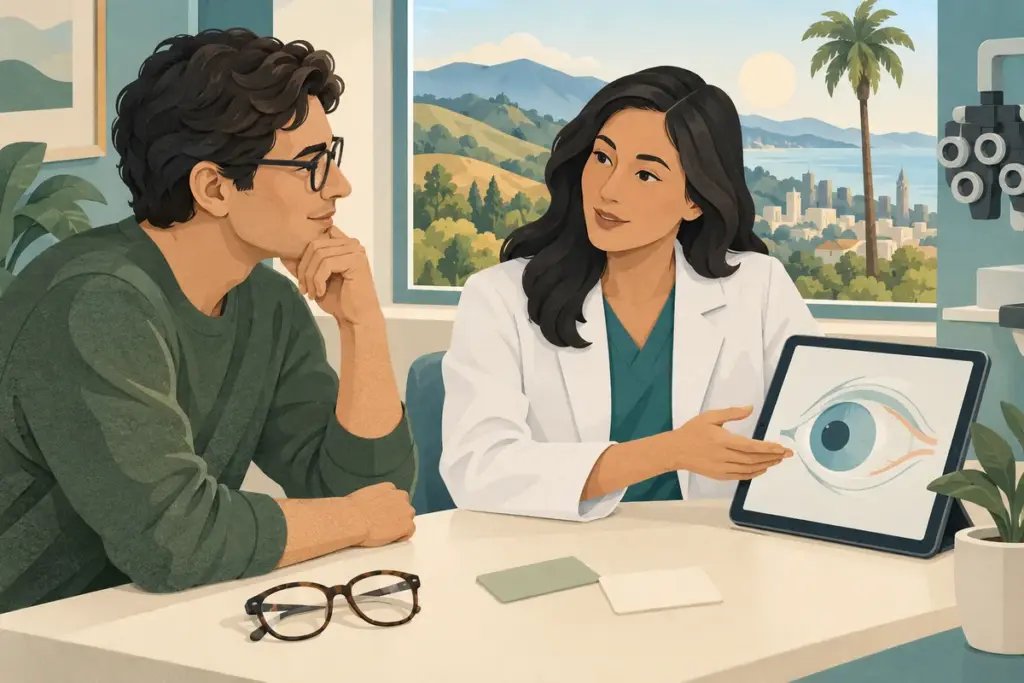 An adult discusses an eye illustration and coverage cards with a clinician in a California-inspired office.