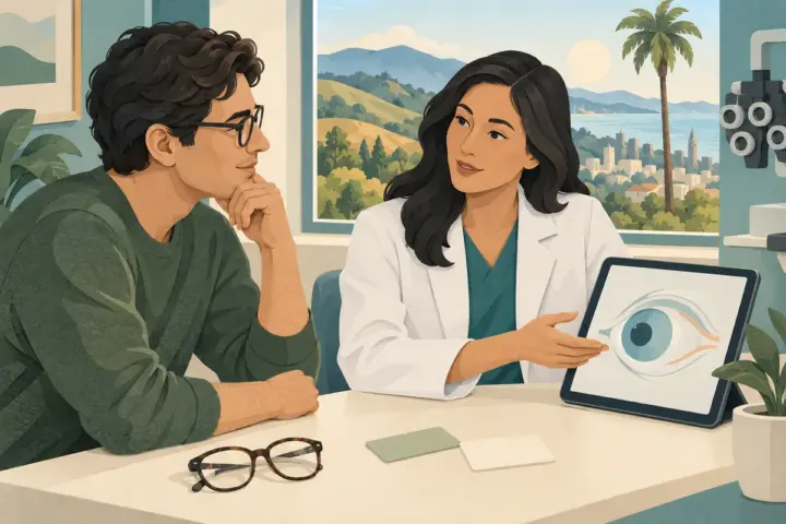 An adult discusses an eye illustration and coverage cards with a clinician in a California-inspired office.