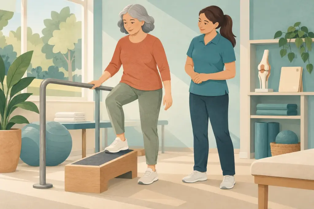 A therapist observes an adult using a low rehabilitation step beside a support rail.