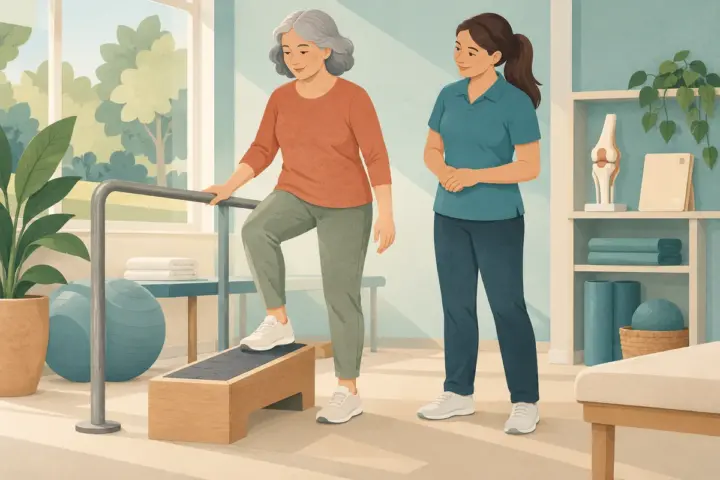 A therapist observes an adult using a low rehabilitation step beside a support rail.