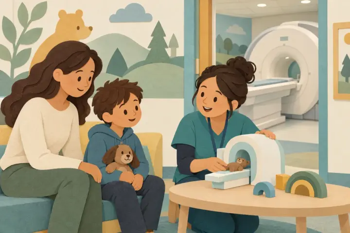 A child life specialist demonstrates a toy scanner to a child and parent before a conceptual MRI visit.