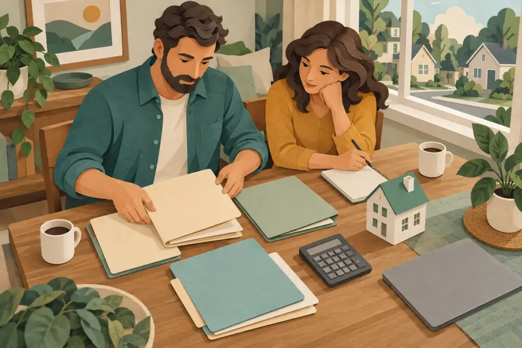 A couple reviews blank financial folders and a house model while planning a home purchase.