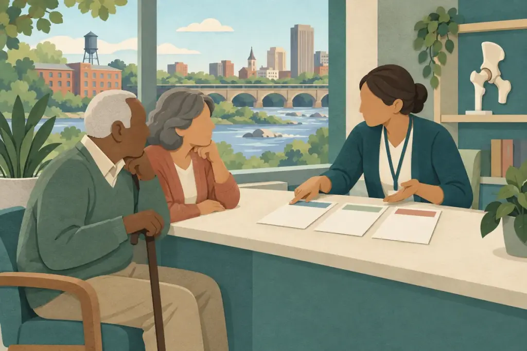 An older adult and supporter discuss authorization documents with a coordinator in a Richmond-inspired clinic.