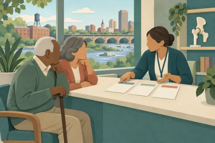 An older adult and supporter discuss authorization documents with a coordinator in a Richmond-inspired clinic.