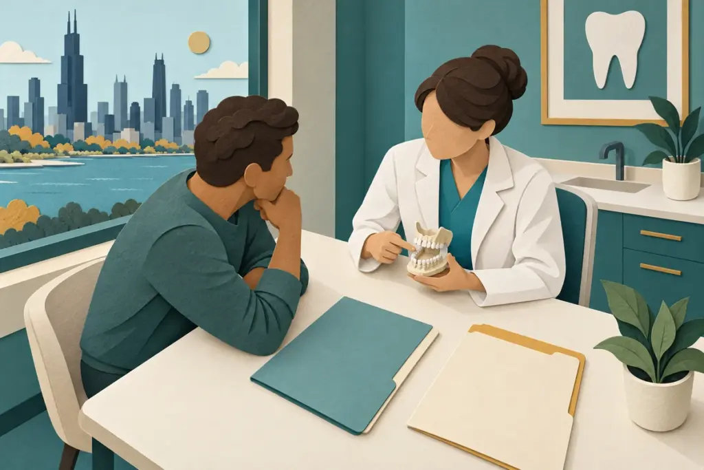 Paper-cut illustration of an Illinois patient and dental clinician reviewing a jaw model and coverage folders.