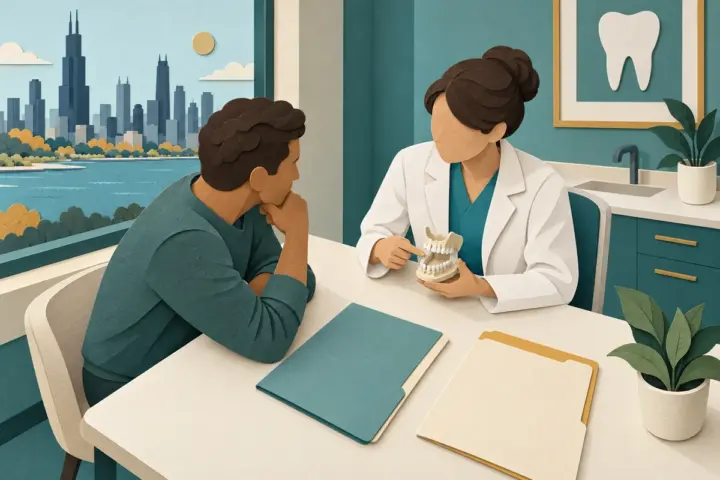 Paper-cut illustration of an Illinois patient and dental clinician reviewing a jaw model and coverage folders.