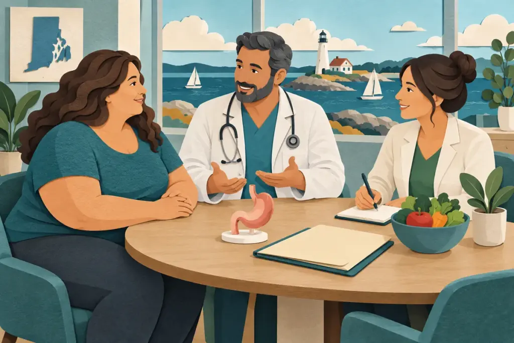 Paper-cut illustration of a Rhode Island adult discussing gastric bypass planning with a clinician and dietitian.