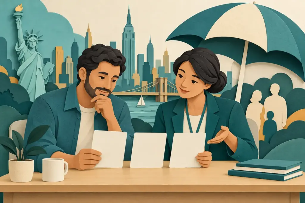 Paper-cut illustration of a New York adult and counselor comparing blank health coverage cards.