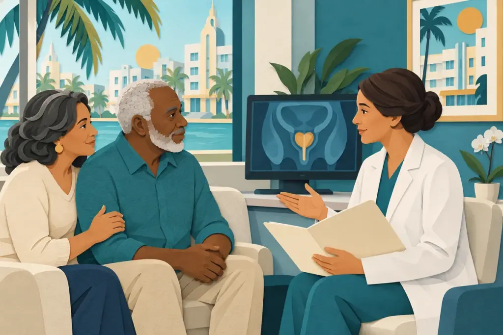 Paper-cut illustration of a Miami patient and partner discussing prostate cancer care with a clinician.