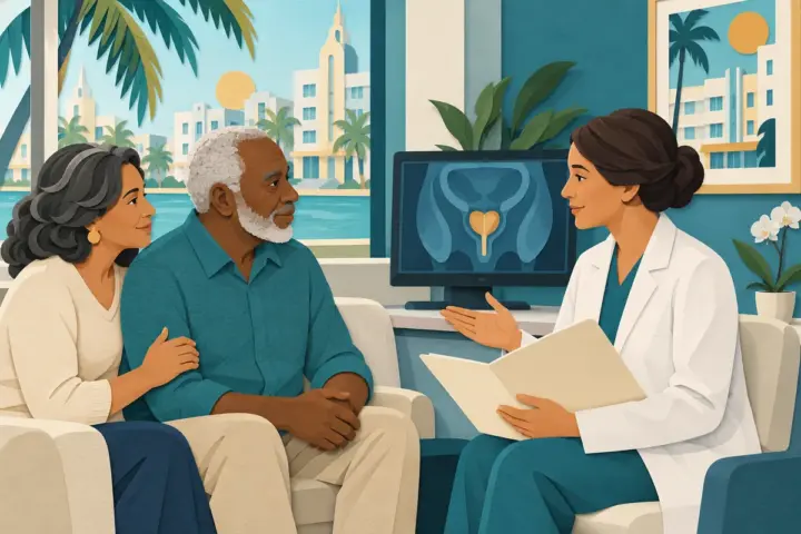 Paper-cut illustration of a Miami patient and partner discussing prostate cancer care with a clinician.