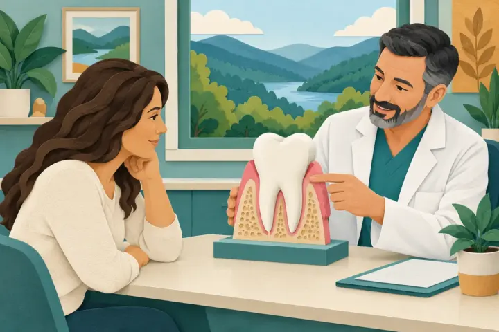 Paper-cut illustration of an Arkansas patient and periodontist reviewing a tooth-and-gum teaching model.