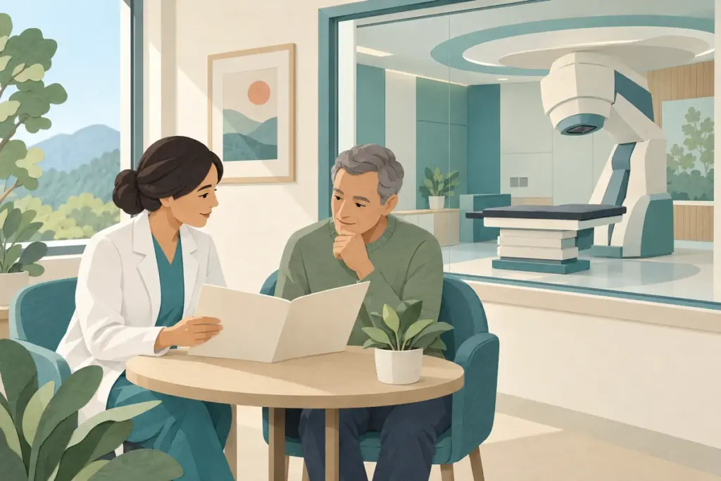 Paper-cut illustration of a patient and clinician consulting beside an empty radiation treatment room.