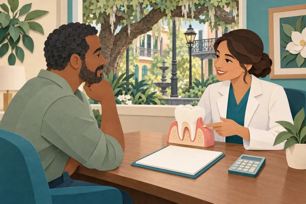Paper-cut illustration of a patient and dental clinician discussing gum treatment and a cost estimate in Louisiana.