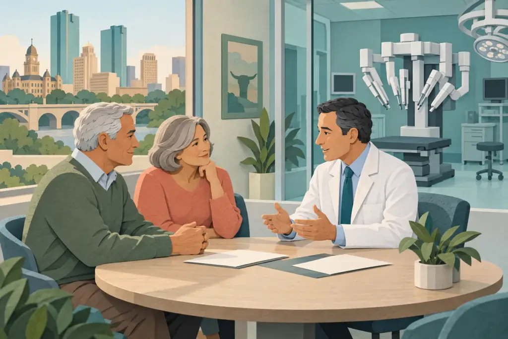 Paper-cut illustration of a patient, partner and urologist discussing robotic prostate surgery in a conceptual Fort Worth setting.
