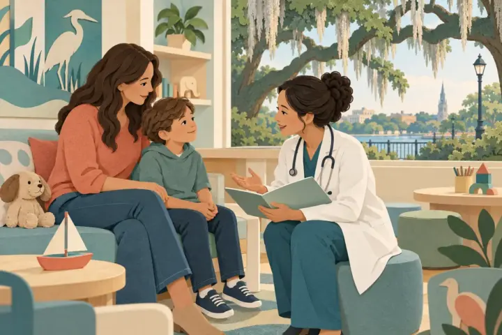 Paper-cut illustration of a child, parent and pediatric clinician in a consultation room with Savannah live oaks outside.