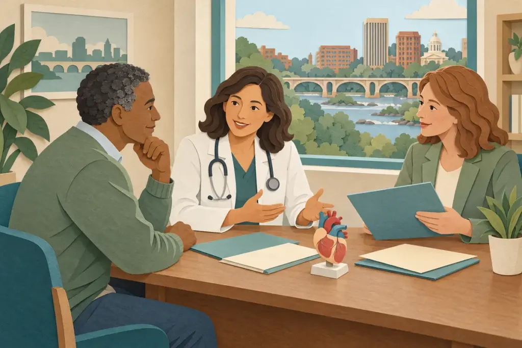Paper-cut illustration of a patient discussing cardiac ablation costs with a clinician and financial counselor in Richmond.