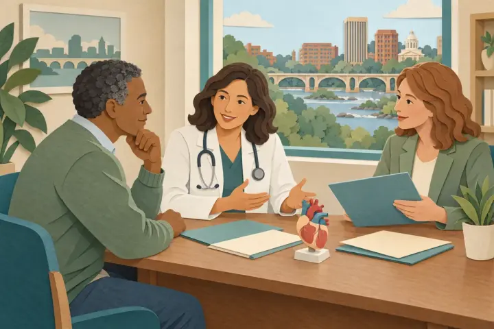 Paper-cut illustration of a patient discussing cardiac ablation costs with a clinician and financial counselor in Richmond.