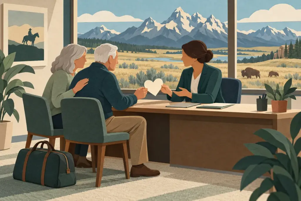 An older adult and supporter discuss heart surgery planning with a coordinator beside a conceptual Wyoming prairie view.