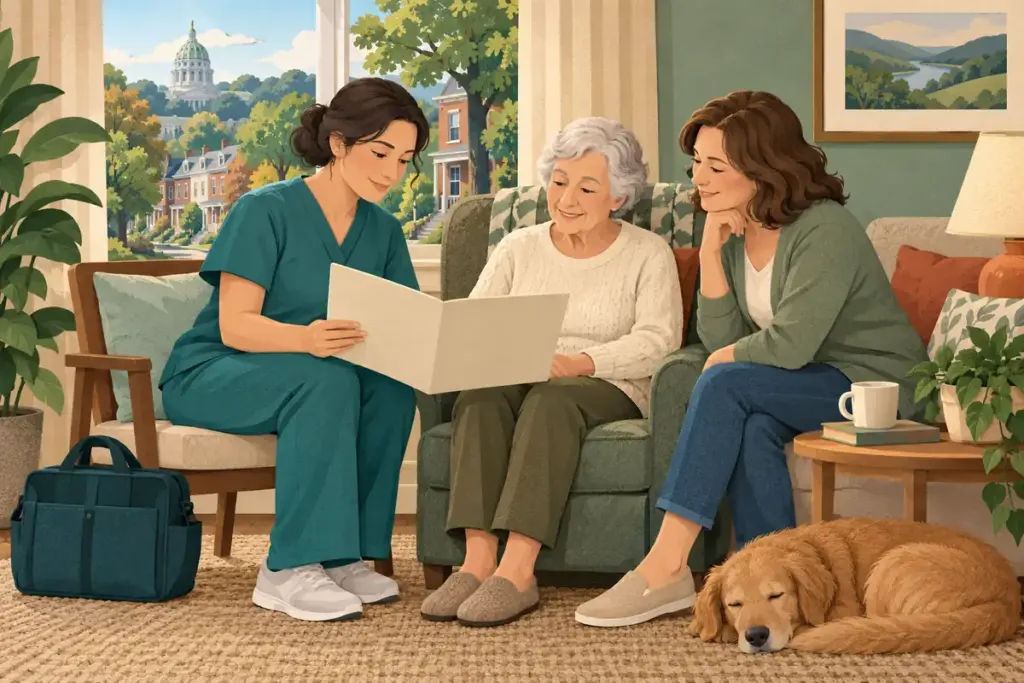 A nurse reviews a blank care-planning folder with an older adult and family caregiver at home.