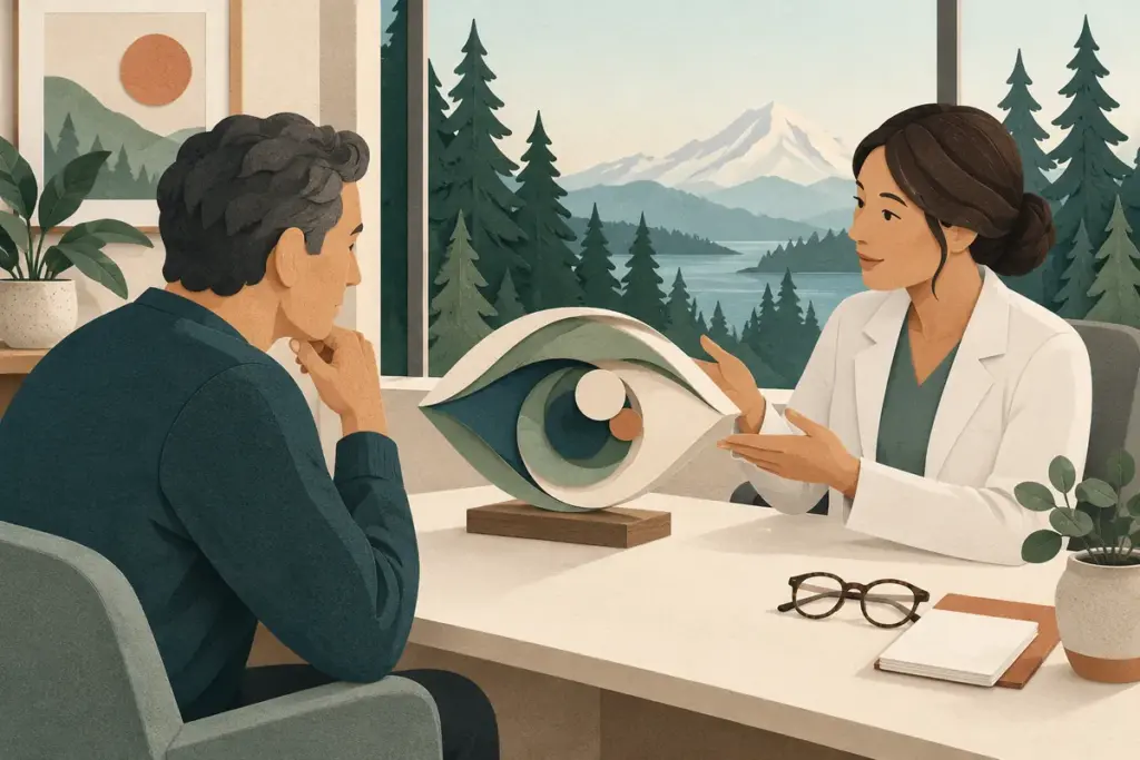 An adult and eye clinician discuss a conceptual paper eye sculpture in a Pacific Northwest-inspired consultation room.