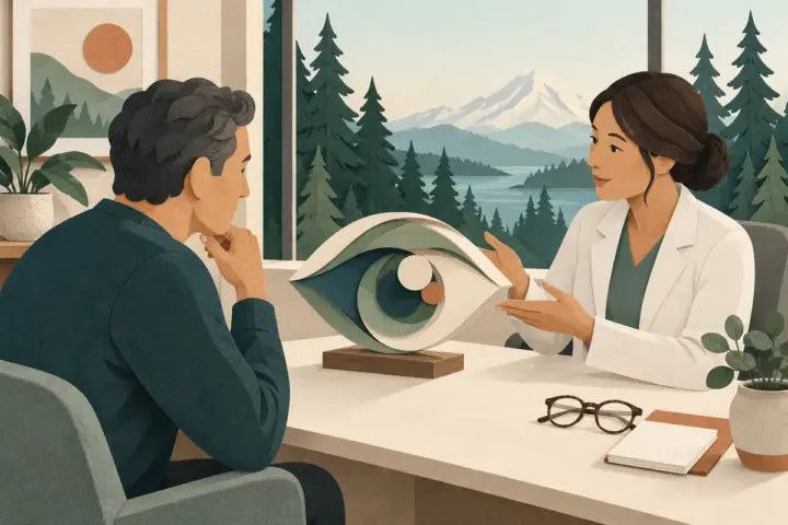 An adult and eye clinician discuss a conceptual paper eye sculpture in a Pacific Northwest-inspired consultation room.